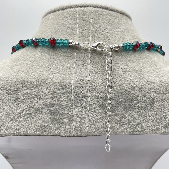 Stunning Red AB Crystal Teal Blue Glass Seed Bead Bar Necklace Earrings Set - Picture 7 of 9